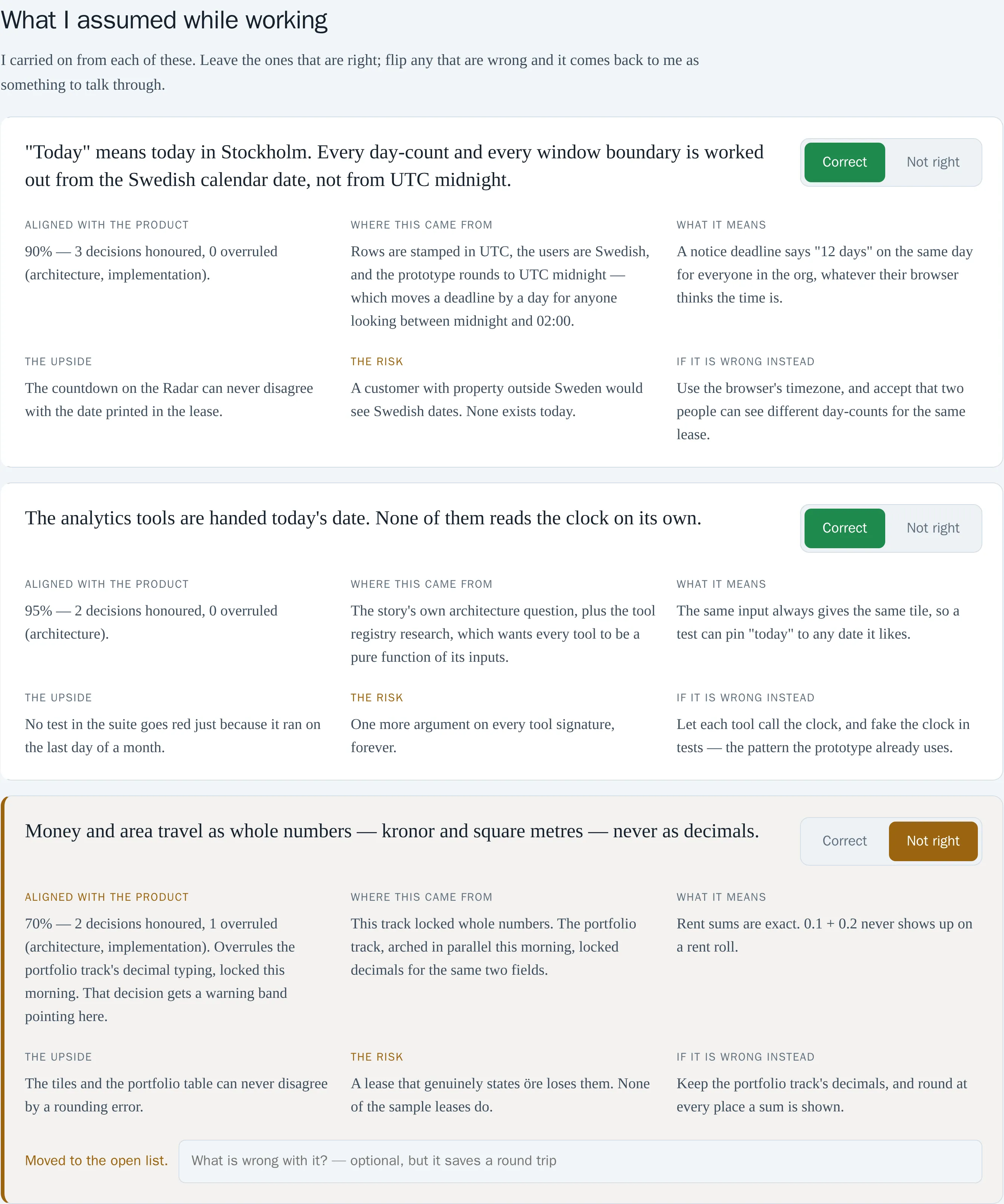 The assumptions section of the decision UI: three things the agent assumed while working, each with a Correct / Not right toggle; the third is flipped to Not right and shows in amber